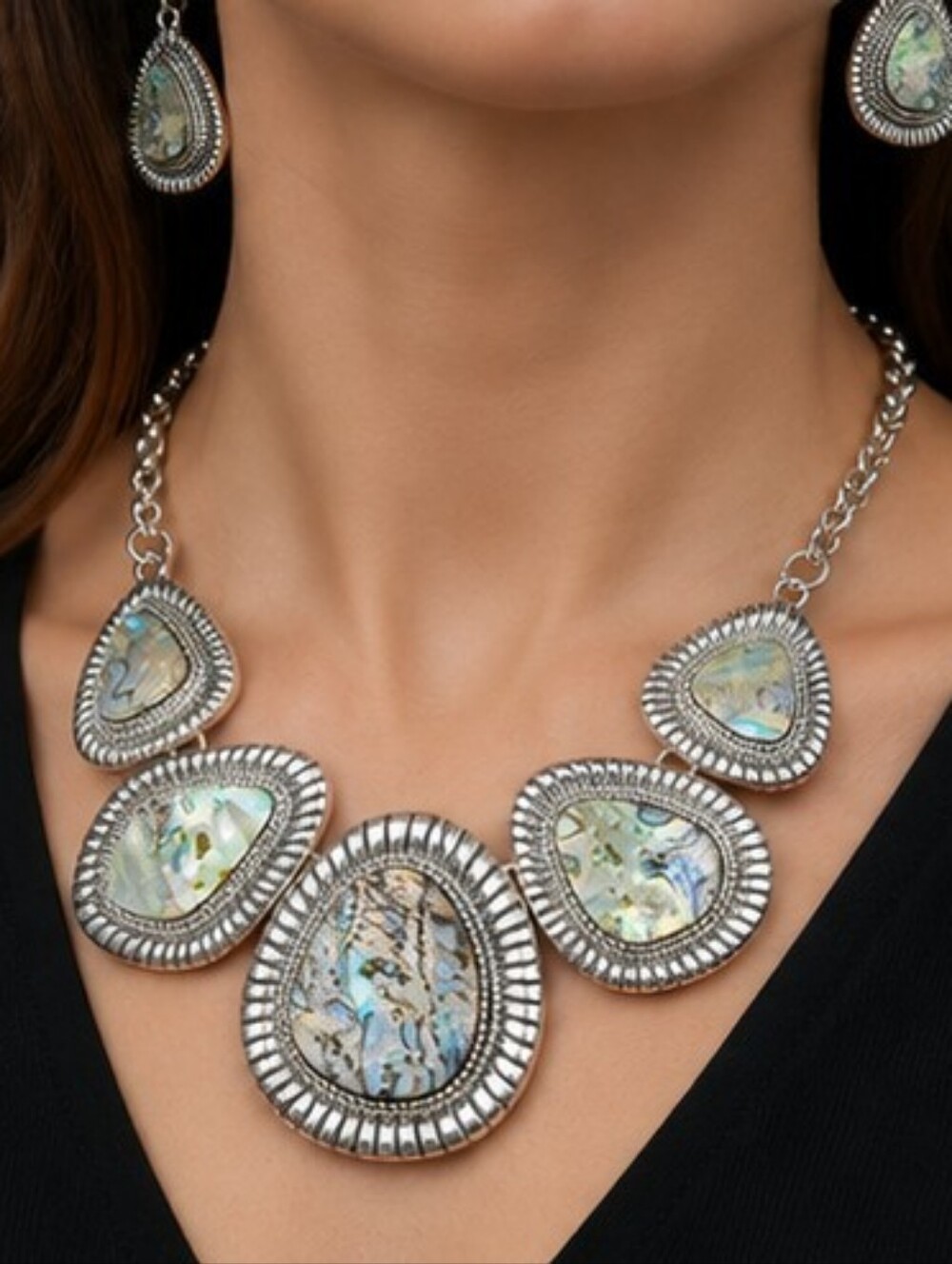 Natural Abalone Shell Statement Necklace & Earrings Set NWT Rhodium Plated Silve - Picture 2 of 9